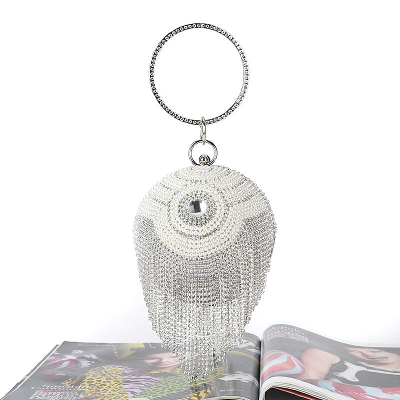 round dinner bag with diamond stickers spherical tassel bag hot diamond handbag chain bag