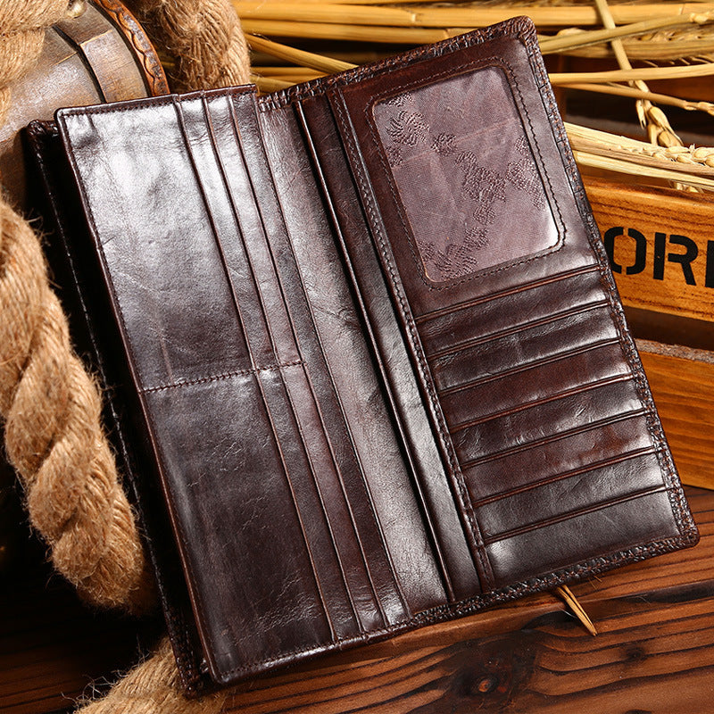 mens oil wax leather long wallet grain leather casual