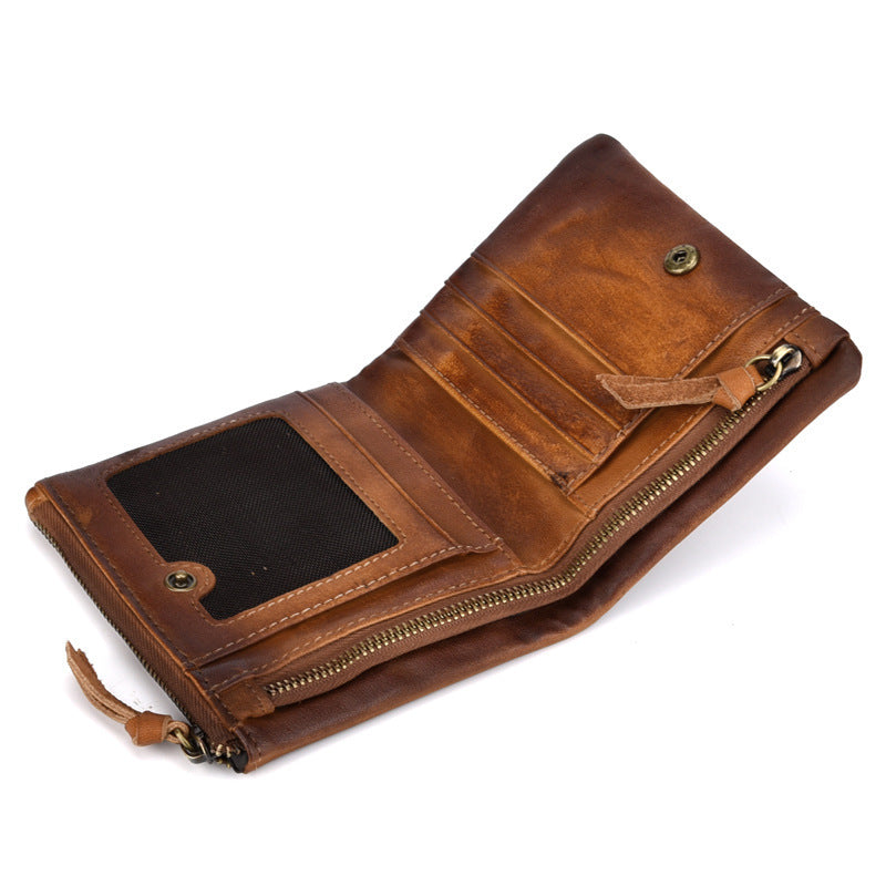 cowhide retro double zipper men wallet