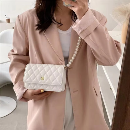 new diamond grid pearl chain womens cross body bag