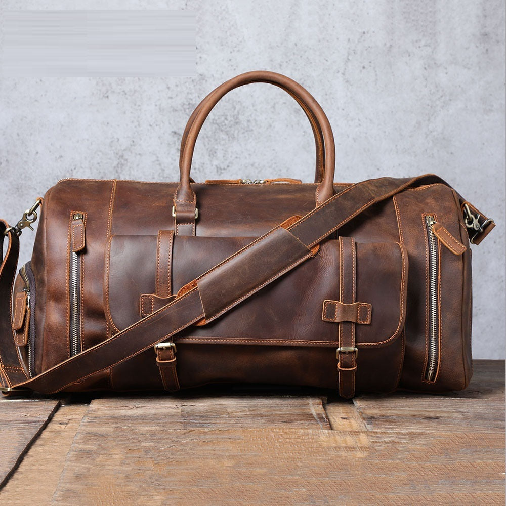 mens retro genuine leather super large capacity first layer cowhide leather hand luggage bag