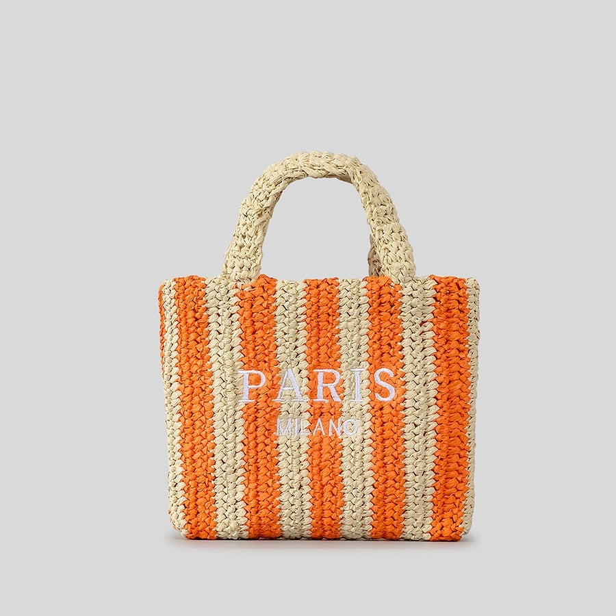 striped hand woven straw bag womens embroidered letters