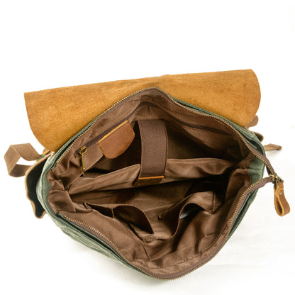 canvas stitching crazy horse leather backpack oil wax waterproof computer schoolbag