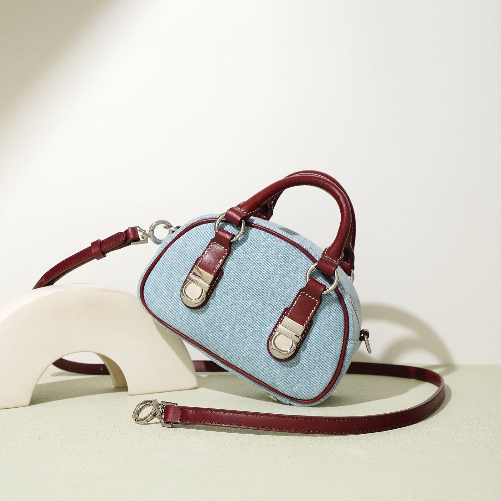 first layer cowhide with denim bun shaped bag