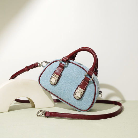 first layer cowhide with denim bun shaped bag
