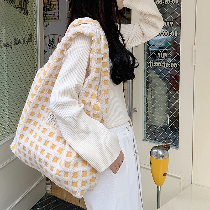 waffle-flannel-bag-tote-bag-large-capacity-commute-minimalist-student-class-bag