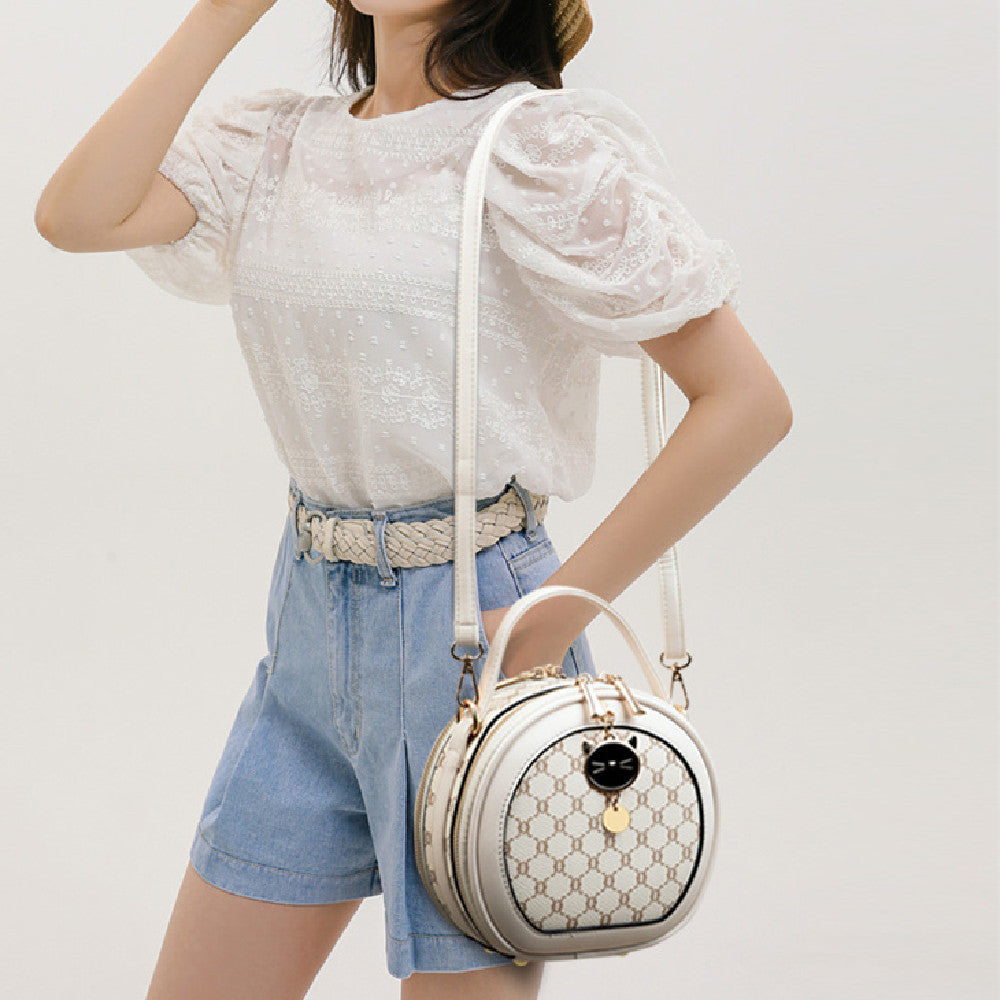 crossbody portable printed small round bag soft leather