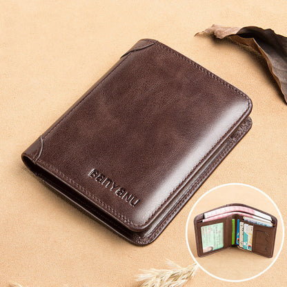 mens short matte leather tri fold vertical wallet