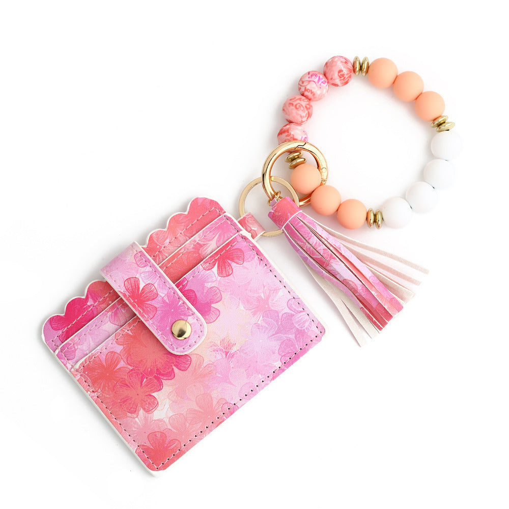 love polyurethane card holder silica gel key chain european and american printed silicone beads bracelet womens wallet