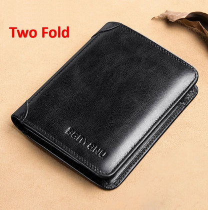 mens short matte leather tri fold vertical wallet