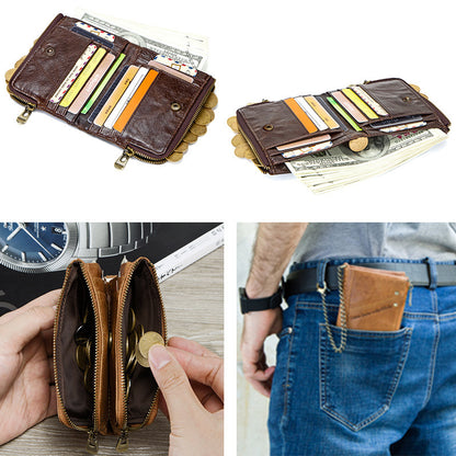 multifunctional double zipper top layer cowhide coin purse mens bag