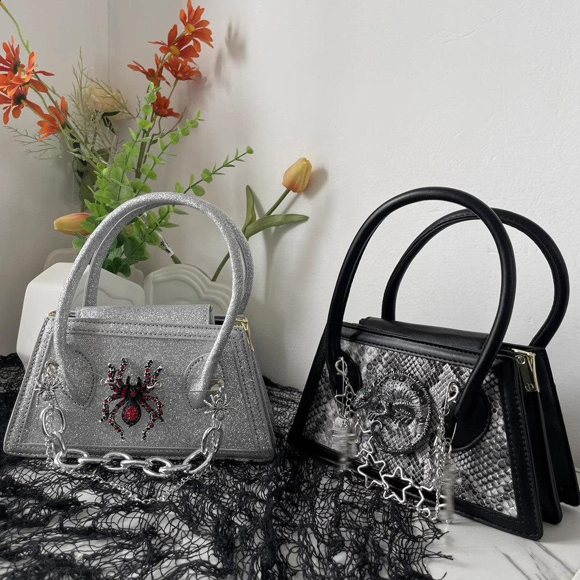 snakeskin spider dark mini crossbody handbag