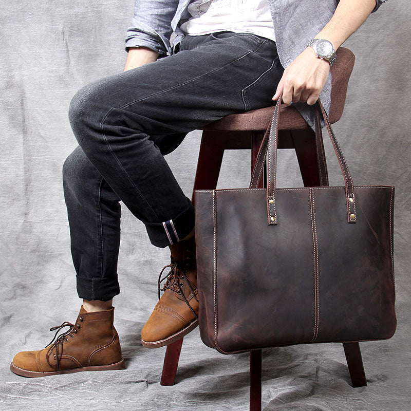 simple retro first layer cowhide large capacity handbag men