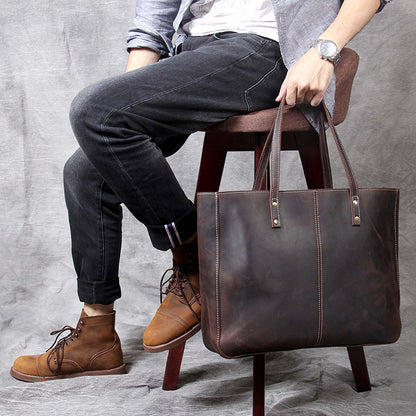 simple retro first layer cowhide large capacity handbag men