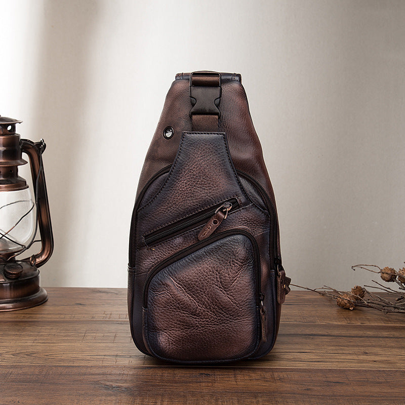 mens simple top layer cowhide chest bag