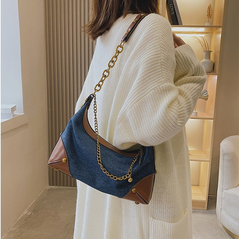 fashion versatile chain denim one shoulder handbag