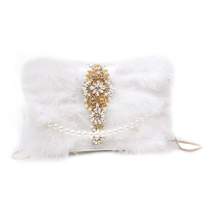 new womens turkey ostrich feather pearl chain dinner bag