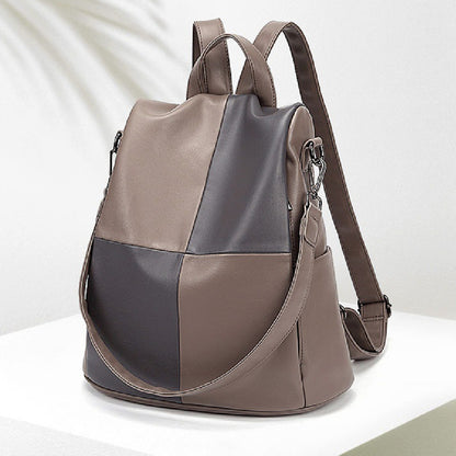 fashion stitching contrast color soft leather backpack