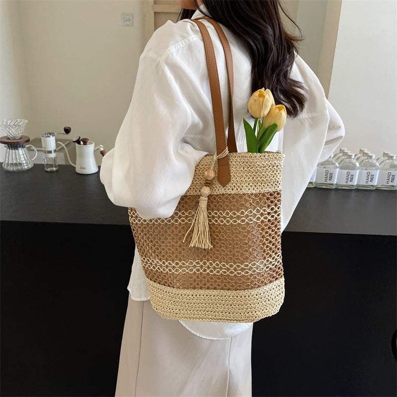 summer stripe straw sholder bags with tassel pendant fashion large capacity seaside vacation beach bags