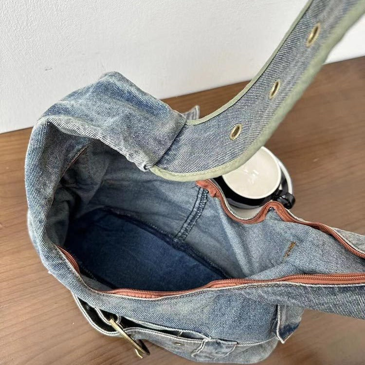 special interest design vintage washed denim shoulder bag