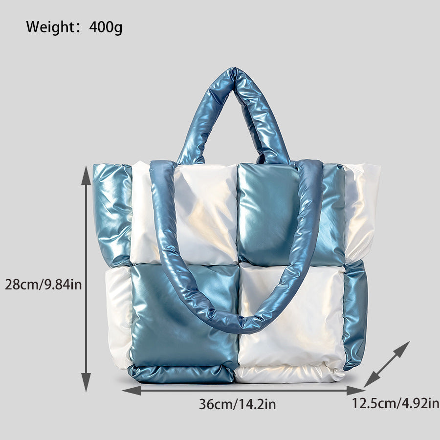 women handbags winter color matching down cotton padded coat tote bag soft plaid shoulder bags