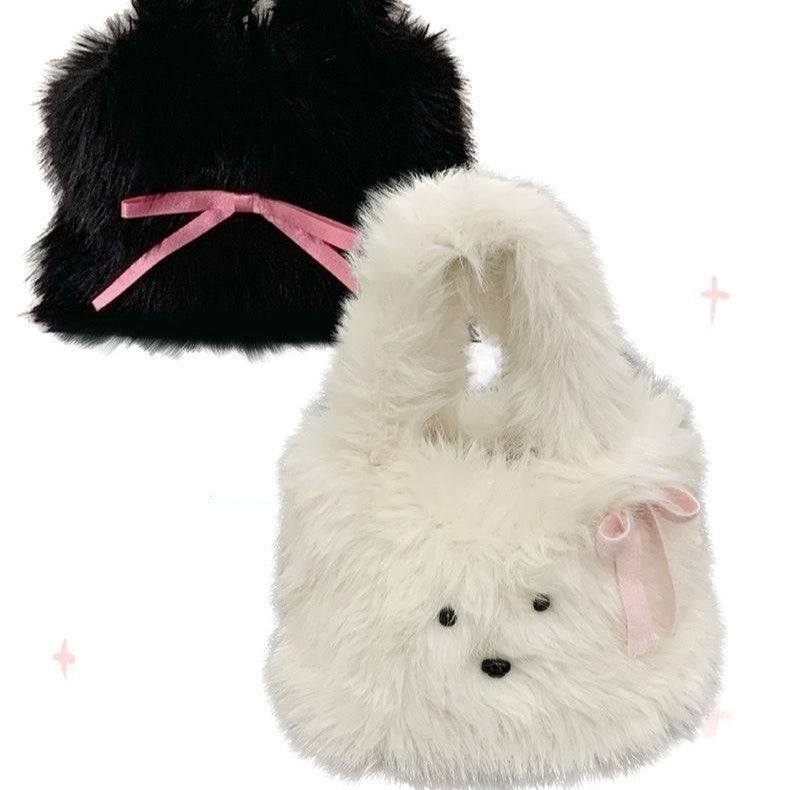 cute furry puppy portable bowknot bag