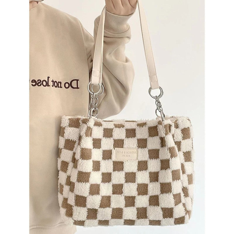 large capacity plush bag womens new plaid shoulder