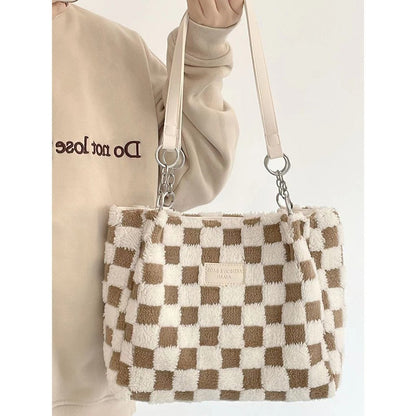 large capacity plush bag womens new plaid shoulder