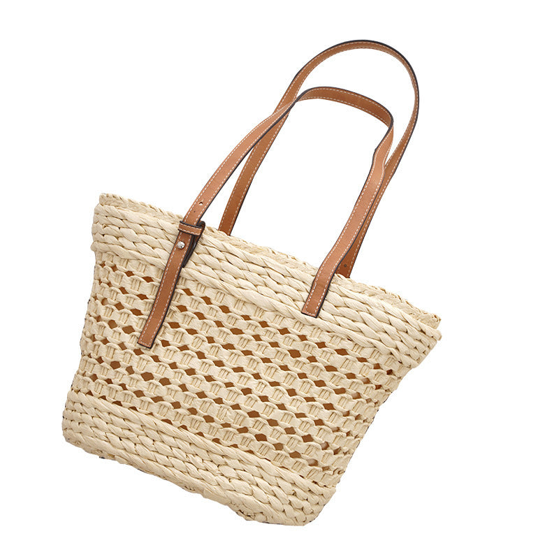large capacity fashion urban simple white khaki straw braided bag