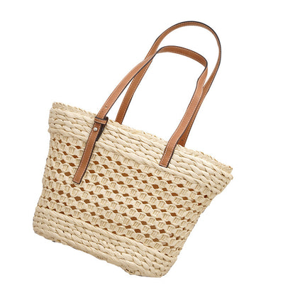 large capacity fashion urban simple white khaki straw braided bag