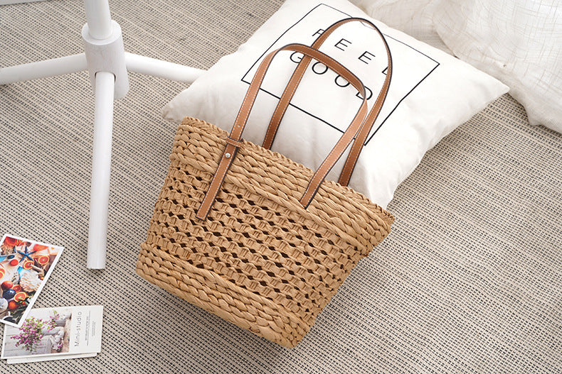large capacity fashion urban simple white khaki straw braided bag