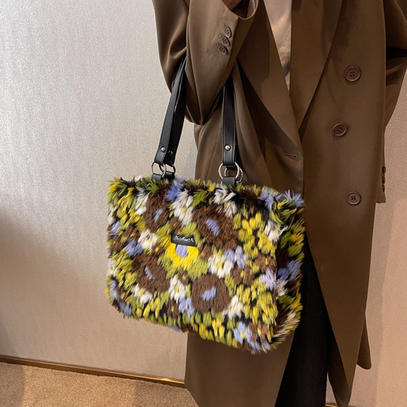 winter plush bags women flowers shoulder bag handbag