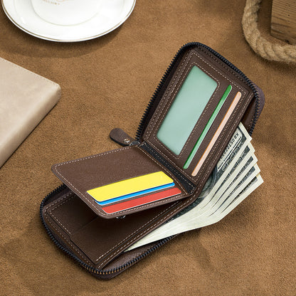 mens short and simple zipper tri fold multifunctional wallet