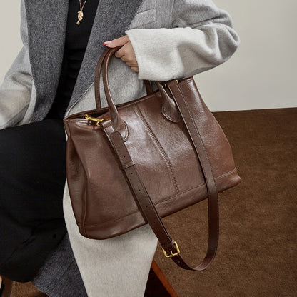 Simple High-Capacity Top-Grain Leather ToteCrossbody Bag For Women