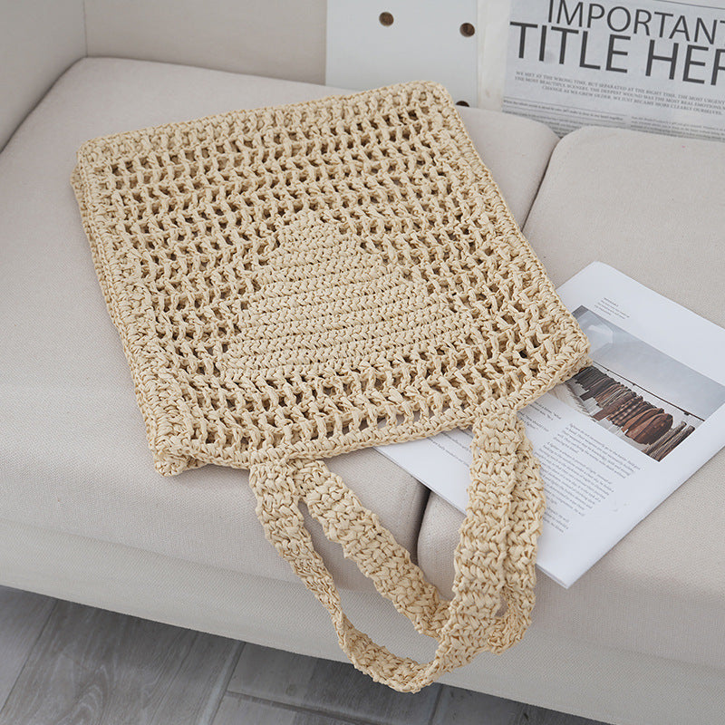 straw woven crocheted shoulder hollow out woven bag