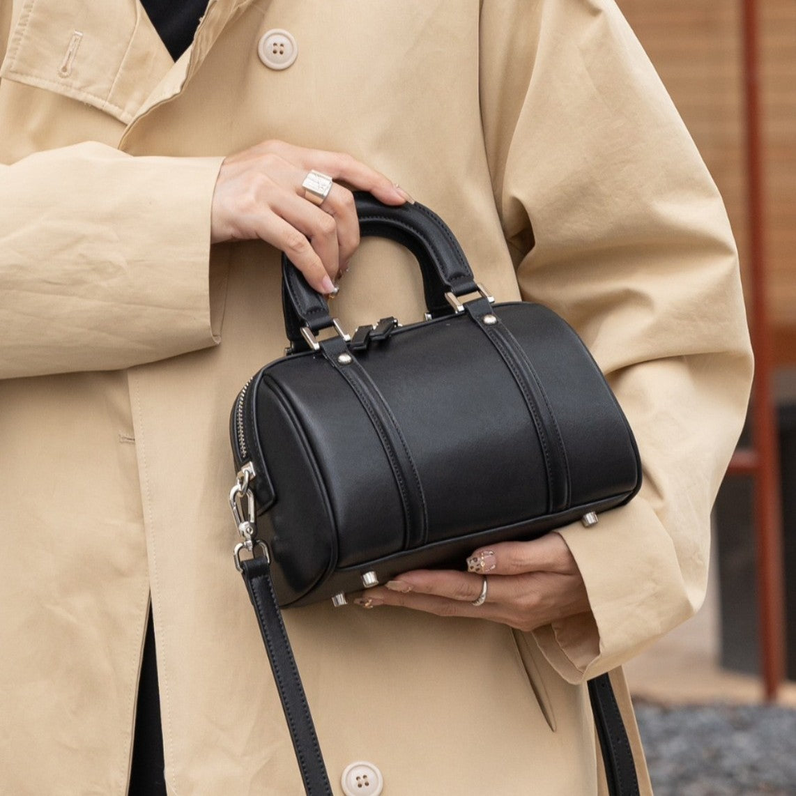 versatile cylindrical genuine leather portable crossbody bag
