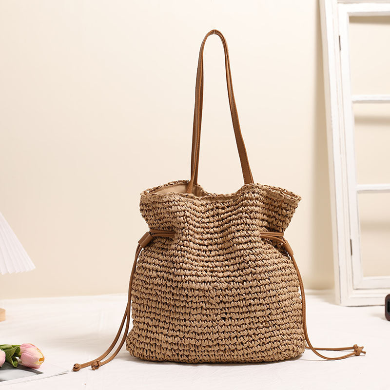 large capacity straw bag drawstring hand carrying knitting shoulder bag