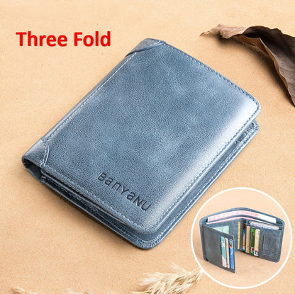 mens short matte leather tri fold vertical wallet