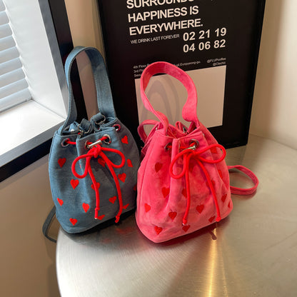 embroidery love pull belt shoulder messenger textured mini bucket bag