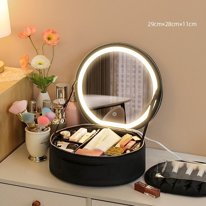 round smart led makeup bag with mirror lights women beauty bag large capacity pu leather travel organizers cosmetic case