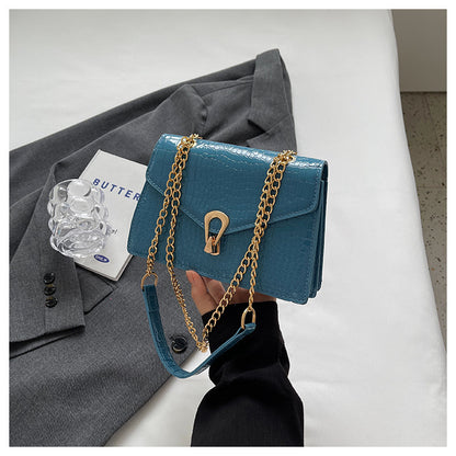 Womens Solid-Color Versatile Crocodile-Print Chain Crossbody Bag