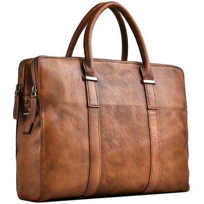 vintage vegetable tanned leather mens first layer cowhide casual business handbag