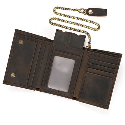 rfid genuine leather small wallet mens three fold multiple card slots with iron chain