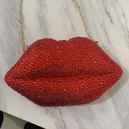 diamond embedded hand held party rhinestone acrylic lips chain dinner bag