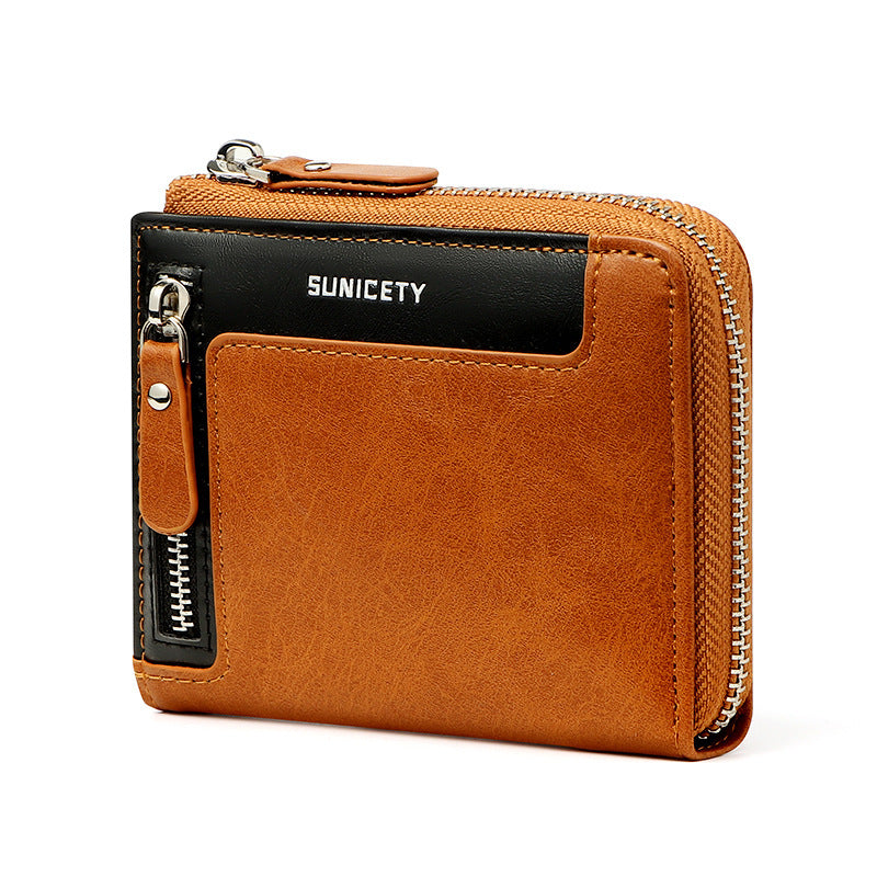 mens short fashion leather zipper rfid wallet