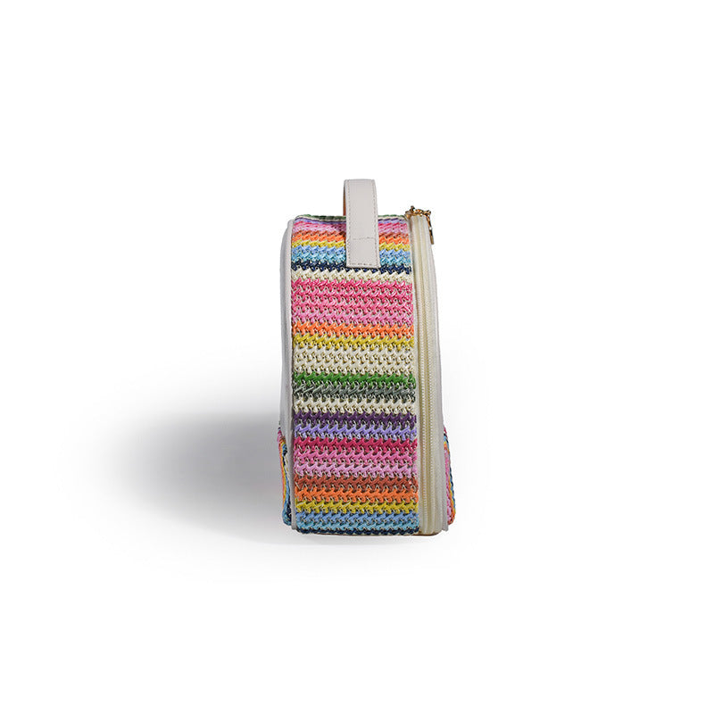 straw woven transparent pvc semicircle cosmetic bag waterproof rainbow woven toiletries storage bag