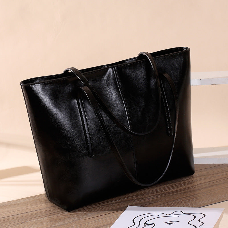 style oil wax simple big bag cowhide single shoulder messenger bag