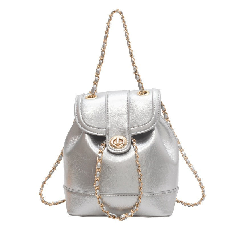 womens chain backpack one shoulder retro oily bucket bag