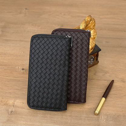 mens simple leather woven pattern wallet