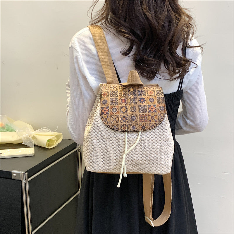 western style travel womens straw backpack bohemian style tassel bag